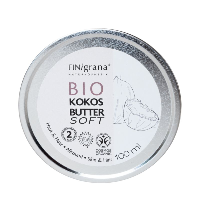 FINigrana® Naturkosmetik FINigrana® Bio Kokosbutter-Soft  (Haut & Haar/ Skin & Hair / Soins & Cheveux) in Weißblechdose, 100ml mit Umkarton - Produktbild