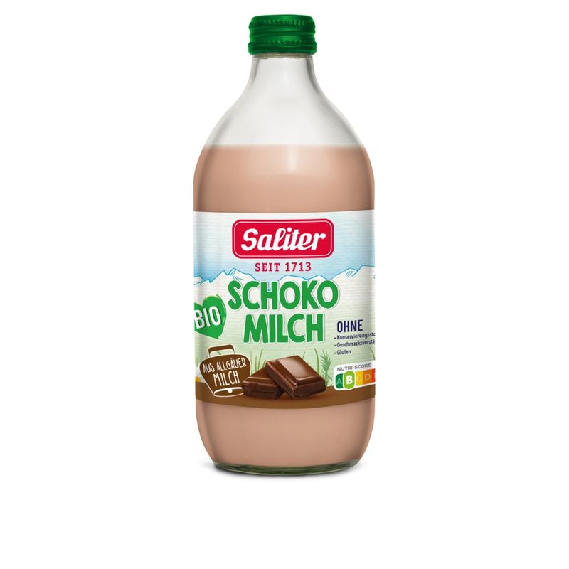 SALITER Bio-Schokomilch 1,5 % Fett 500 ml Einweg-Glasflasche - glutenfrei - Produktbild