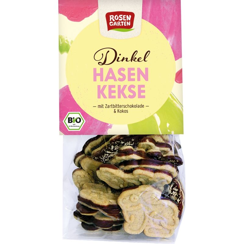 Rosengarten Dinkel-Osterhasen-Kekse mit Zartbitterschokoladenboden und Kokosraspeln - Produktbild