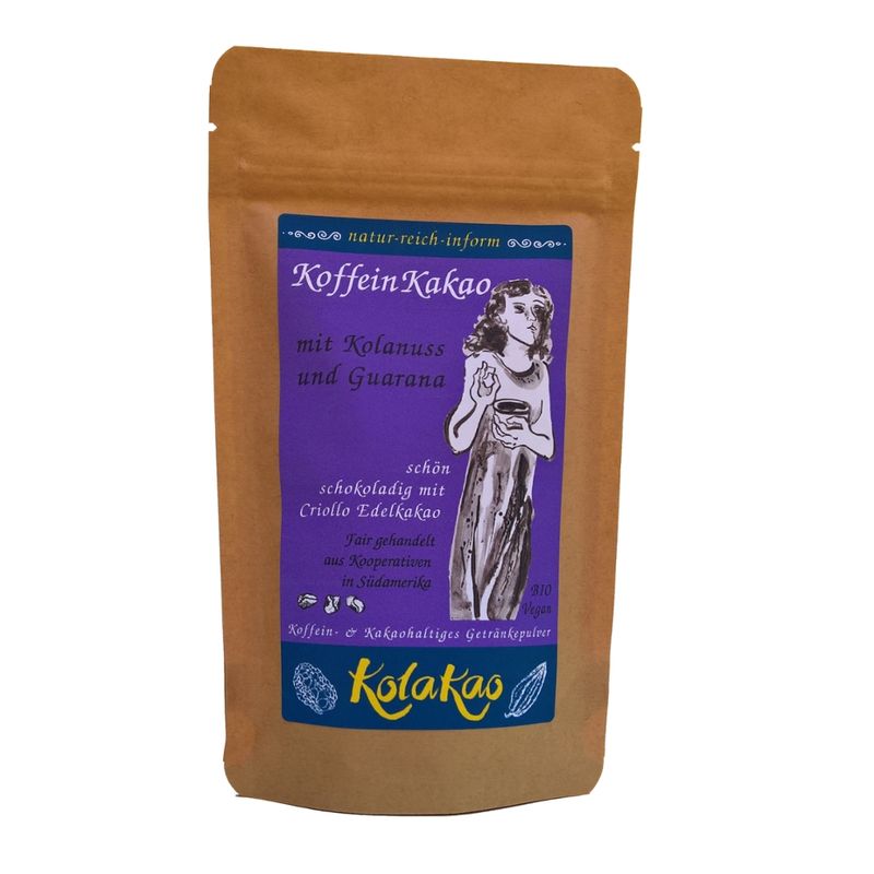 KolaKao KolaKao mit Guarana - der KoffeinKakao mit 30% Kolanuss und 4% Guarana als Koffeinquellen, 32% edlem peruanischem Kakao (schwach entölt), mit einer Spur Tonka und dezent gesüßt. Das Getränkepulver ist Vegan, der Kakao und die Kolanuss sind Fair gehandelt. - Produktbild