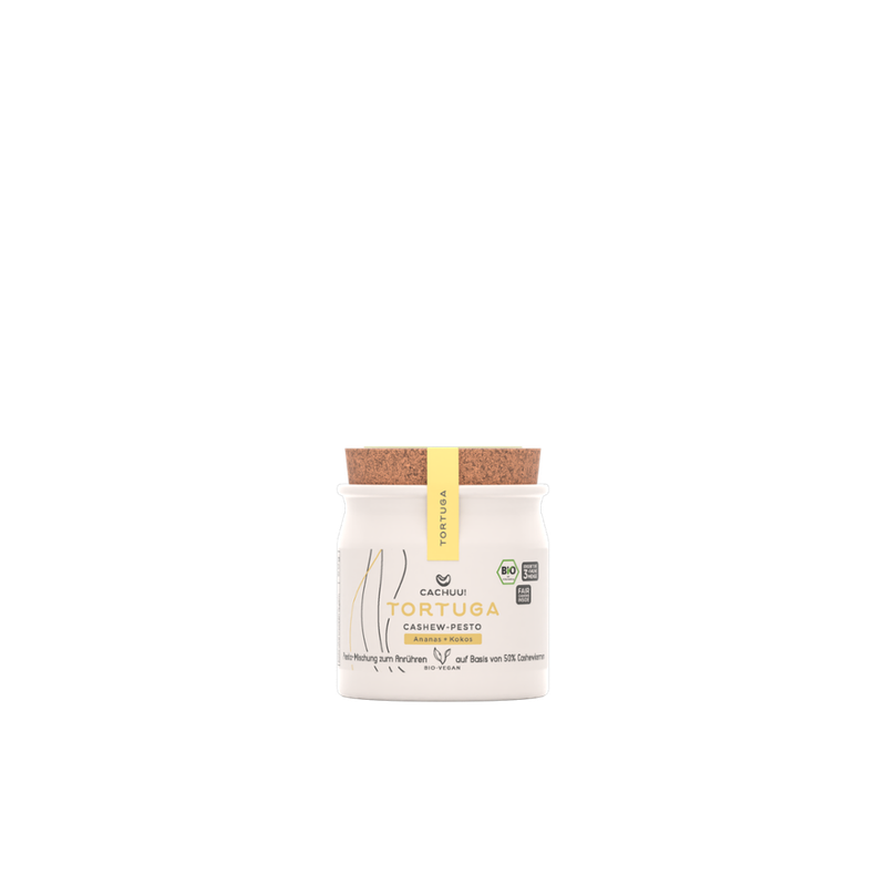 Cachuu! Cachuu! Cashew-Pesto Tropical, Keramiktopf, 55g, Trockenmischung zum selber Anrühren mit Wasser und Öl, ergibt die 2-3fache Menge, als Pesto, Dip, Marinade, Aufstrich oder Topping - Produktbild