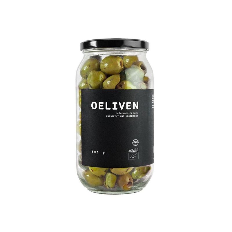 OEL  OELIVEN - biozertifizierte Chalkidiki-Oliven ( 100% ). Veredelt mit Olivenöl , Meersalz, Knoblauch, Essig und Oregano - Produktbild