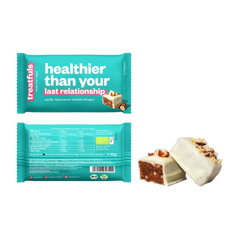 treatfuls treatfuls Bio Haselnuss-Cashew-Riegel mit weißem Schokoladenüberzug - healthier than your last relationship - Produktbild