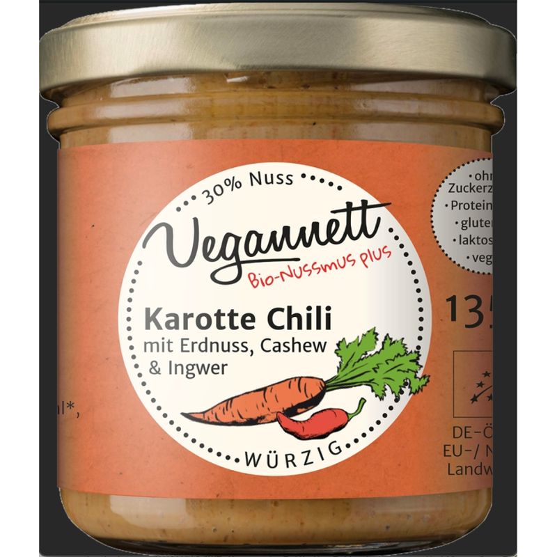 Vegannett Karotte Chili Bioaufstrich mit Ingwer und 30% Cashew- und Erdnussmus 135g - Produktbild