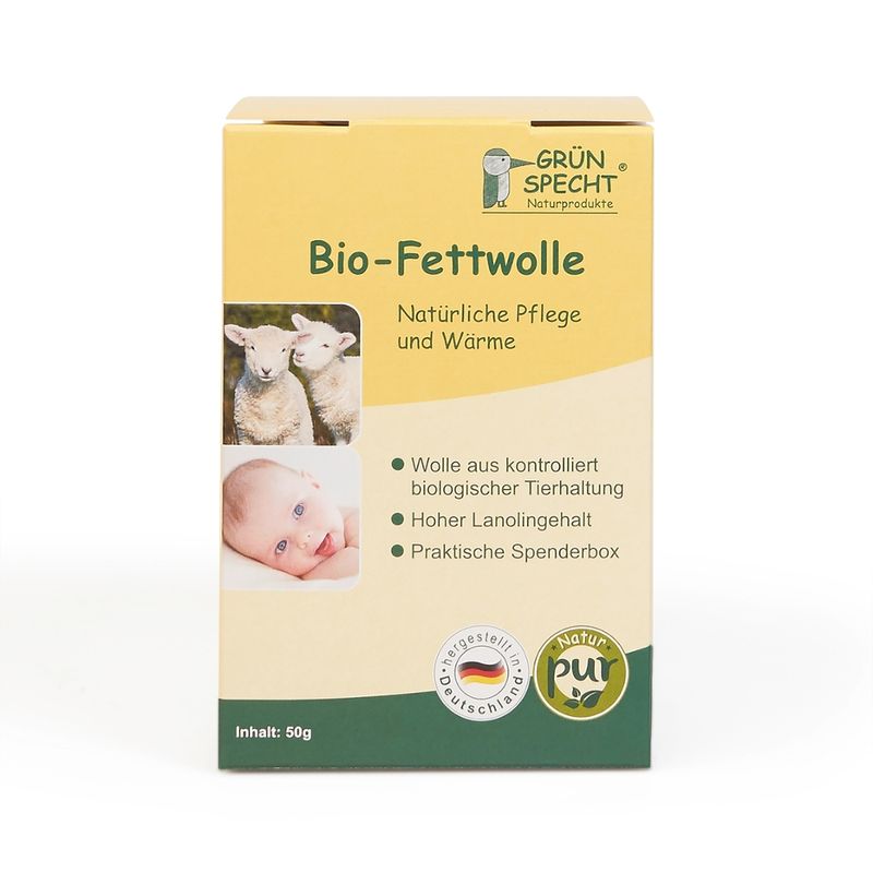 GRÜNSPECHT Naturprodukte GRÜNSPECHT Bio-Fettwolle kbT 50 g, in Wiederverschließbarer Spenderbox, Hergestellt in Deutschland - Produktbild