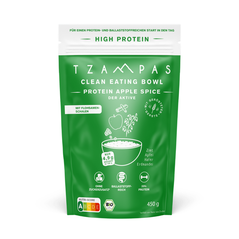 TZAMPAS TZAMPAS Clean Eating Bowl Protein Apple Spice - Der Aktive, 450g - Mit gerösteter Gerste, Flohsamenschalen und Erdmandelmehl - Produktbild