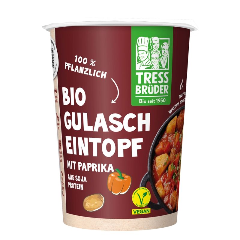 Tress Brüder veganer Eintopf mit Tomaten, Paprika und einer Fleischalternative aus Sojaprotein - Produktbild