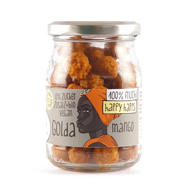 GUTDING Golda - Happy Happs Mango pur - 100% Frucht, 0% Zuckerzusatz - bio, vegan, glutenfrei - im Pfandglas. Golda: ein weiches, natürliches Kaubonbon. - Produktbild