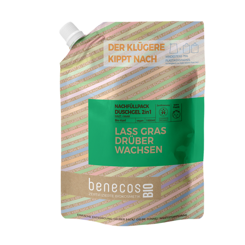 benecos benecosBIO Nachfüllbeutel 1000 ml Duschgel 2in1 BIO-Hanf Haut & Haar - LASS GRAS DRÜBER WACHSEN - Produktbild