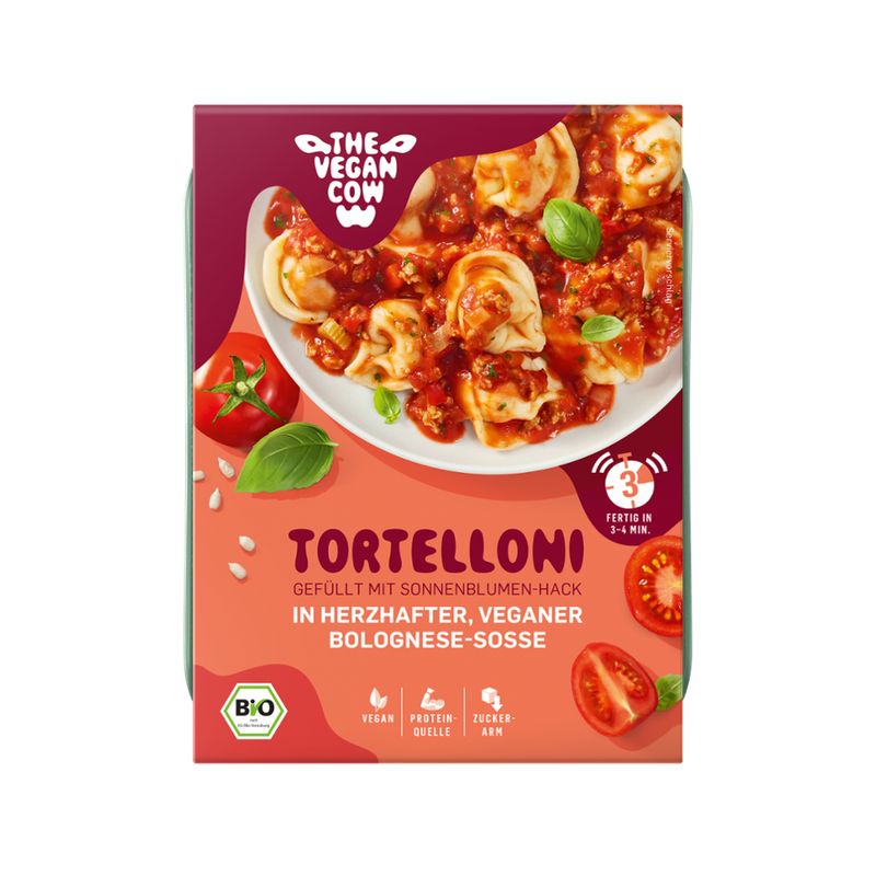 THE VEGAN COW Tortelloni in herzhafter, veganer Bolognese-Sosse gefüllt mit Sonnenblumenhack - Produktbild