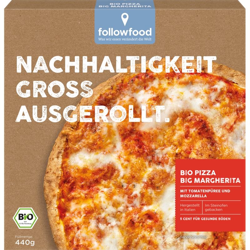 followfood Big Bio Pizza Margherita mit Tomatensauce und Mozzarella, tiefgekühlt. Produziert in Italien. - Produktbild