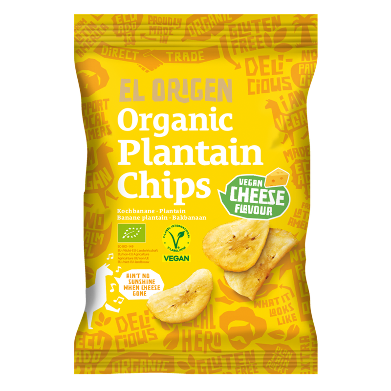 el origen el origen Bio Kochbananen Chips mit veganem Cheese-Geschmack, 80 g – aus direct trade, bio-zertifiziert, vegan, ohne Palmöl, glutenfrei, ohne Zusätze. - Produktbild