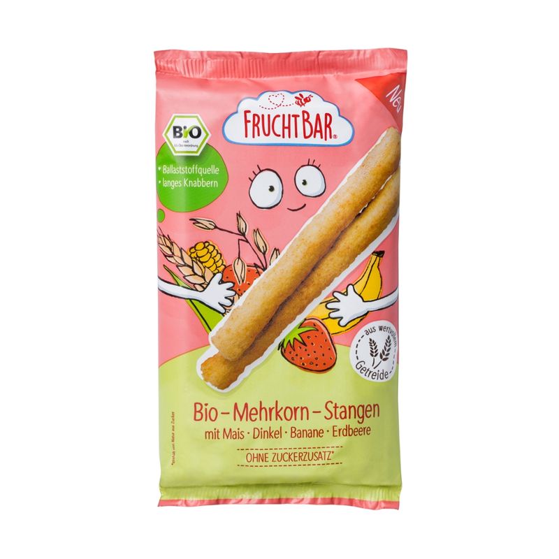 FruchtBar  FruchtBar - Bio-Mehrkorn-Stangen Mais, Dinkel, Banane, Erdbeere - Produktbild