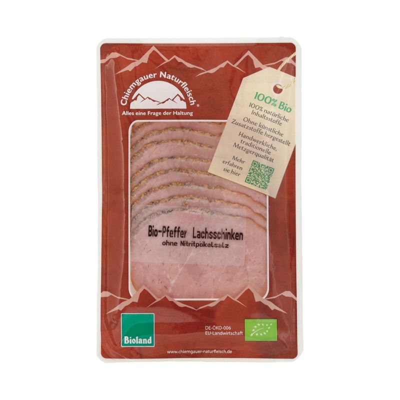 Chiemgauer Naturfleisch Bio-Pfeffer-Lachsschinken, geschn., 70g, SB, kbA - Produktbild