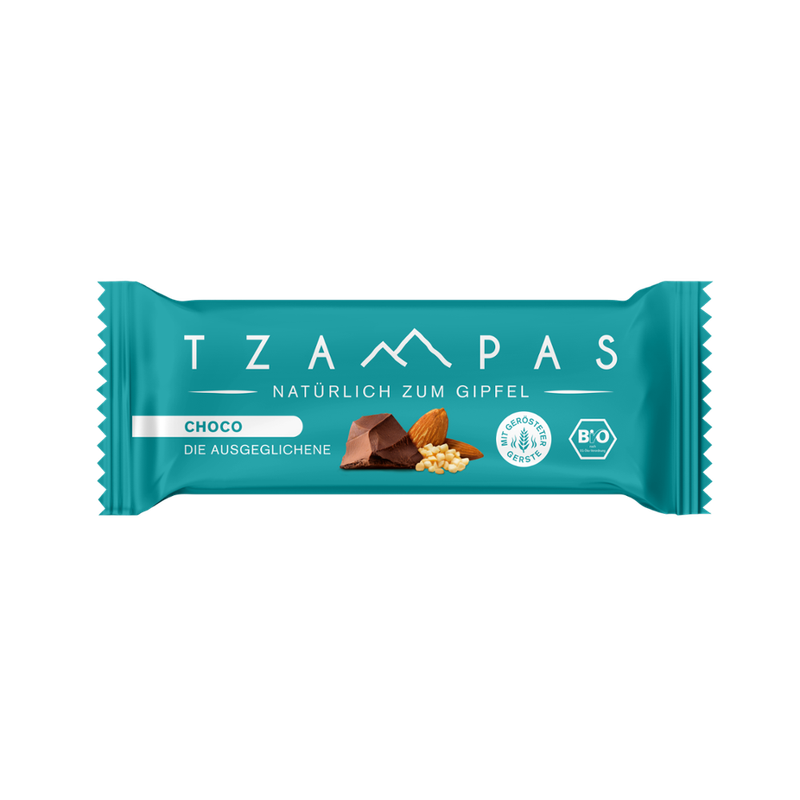 TZAMPAS TZAMPAS Energieriegel Choco - Die Ausgeglichene. Natürlich zum Gipfel. Aus gerösteter Gerste mit Zartbitterschokolade und Mandeln. - Produktbild