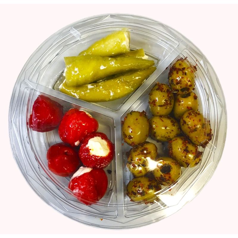 Green Goodies Food  Bio Antipasti-Mix Teller / 3 Kammer / 210 g Gesamteinwaage / Bio Kirschpaprika gefüllt mit Frischkäse / Bio Grüne Peperoni gefüllt mit Frischkäse / Bio Grüne Oliven mit Kräutern & Chili - Produktbild