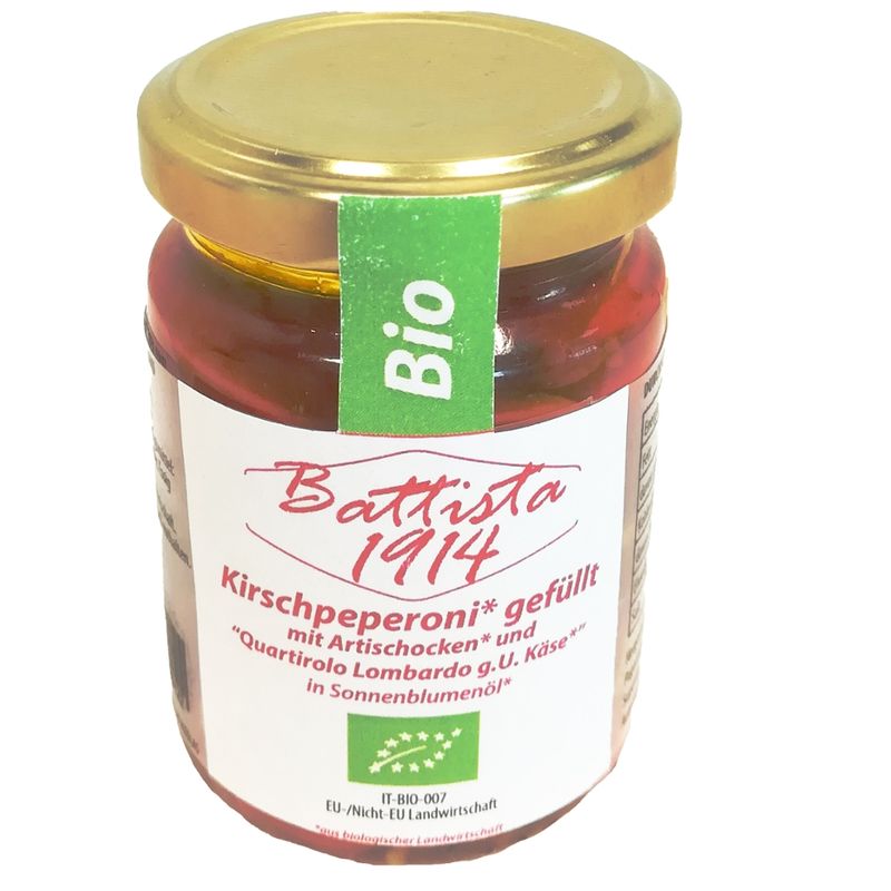 BATTISTA 1914 Kirschpeperoni* gefüllt mit Artischocken* und “Quartirolo Lombardo g.U. Käse*” in Sonnenblumenöl*, *aus biologischer Landwirtschaft - Produktbild