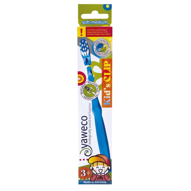 yaweco Kid's Brush CLIP Wechselkopf-Zahnbürste für Kinder, med.-soft, in orange und blau, Kopf aus biobasiertem Material (Arboblend), Borsten mit Rizinusöl statt Rohöl, farblich sortierte Umverpackungen, EAN 4280001065512. - Produktbild