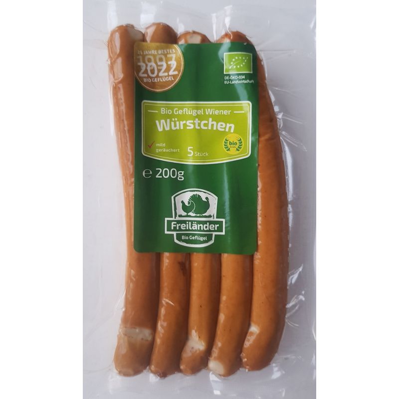 Freiländer Bio Geflügel Geflügelwiener, frisch, 5 Stk. vac., 200g, 3er Gebinde - Produktbild