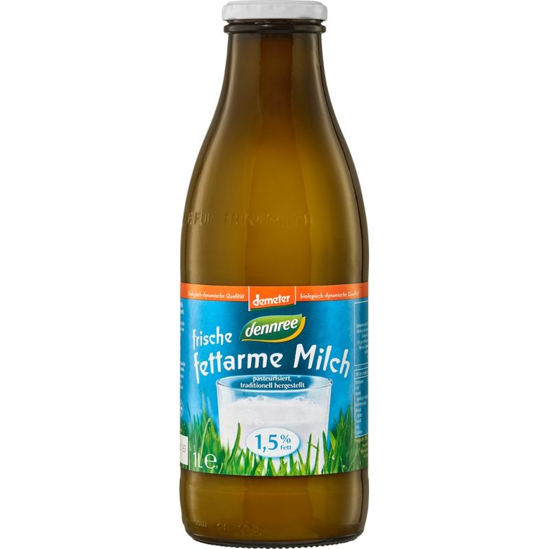 dennree Frische fettarme Milch, 1,5% Fett, pasteurisiert, traditionell hergestellt - Produktbild