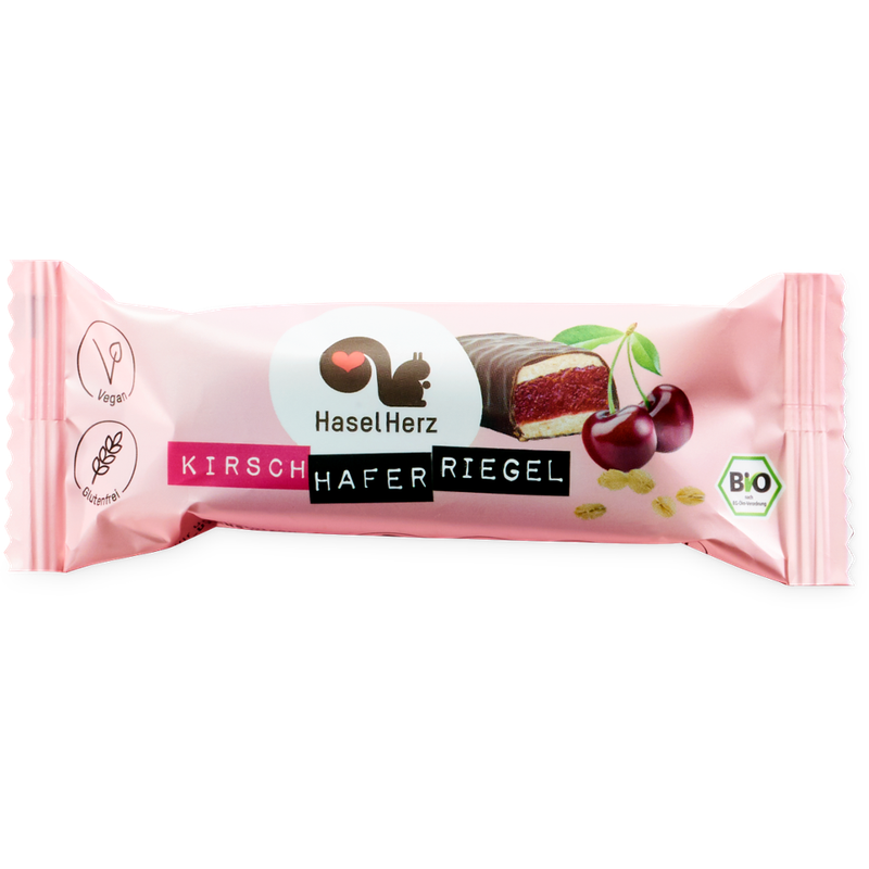 HaselHerz Veganer Bio-Kirsch-Haferriegel mit Schokoladenüberzug - Produktbild