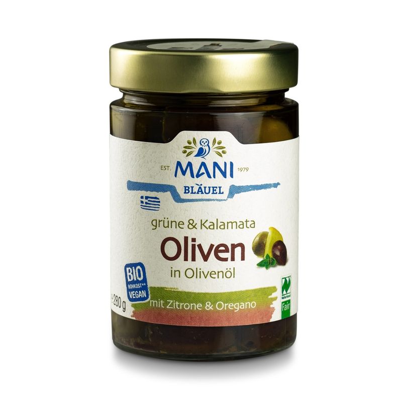 MANI® MANI Grüne & Kalamata Oliven in Olivenöl, bio, NL Fair - Produktbild