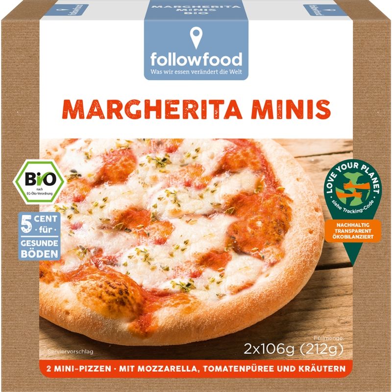 followfood Bio Margherita Minis, 2 Mini-Pizzen, mit Mozzarella und Tomatenpüree - Produktbild