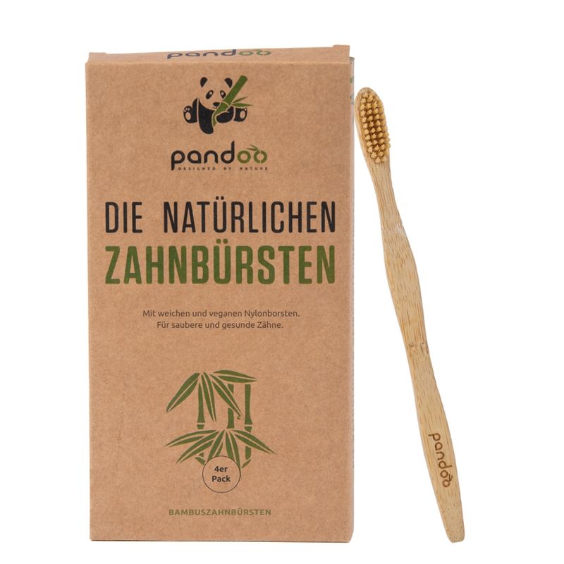 pandoo Natürliche Handzahnbürsten aus Bambus sind mehr als nur eine nachhaltige Alternative zu Plastikzahnbürsten. Die mittelweichen Borsten schonen das Zahnfleisch und sorgen für schöne weiße Zähne - Produktbild