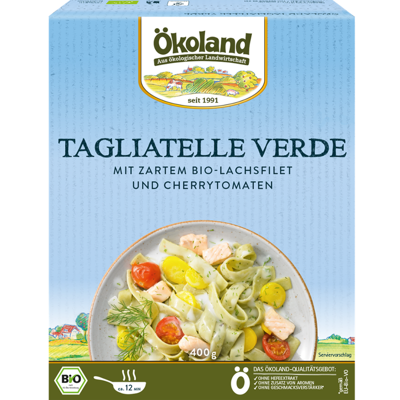 ÖKOLAND Tagliatelle Verde mit zartem Bio-Lachsfilet und Cherrytomaten - Produktbild