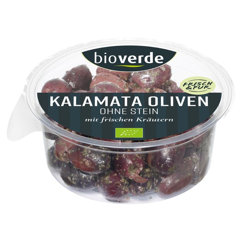 bio-verde Schwarze Kalamata-Oliven ohne Stein mariniert mit frischen Kräutern 150 g - Produktbild