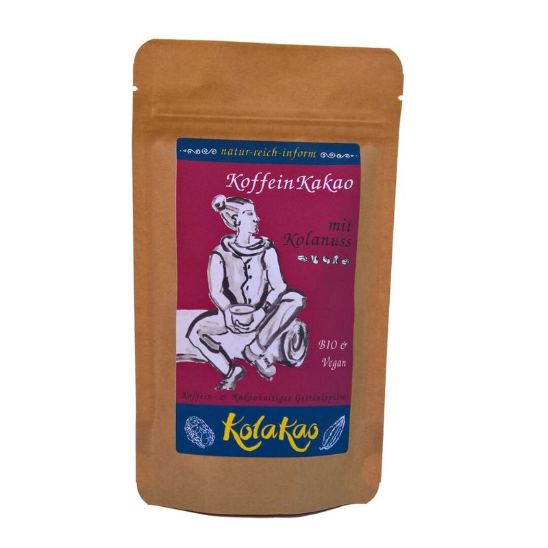 KolaKao KolaKao klassisch - der KoffeinKakao mit 40% koffeingebender Kolanuss. Der klassische KoffeinMix auf Kolanussbasis, dezent gesüßt und mit einer Prise Meersalz vollendet. Das Getränkepulver mit schwach entöltem Criollo-Edelkakao aus Atalaya. - Produktbild