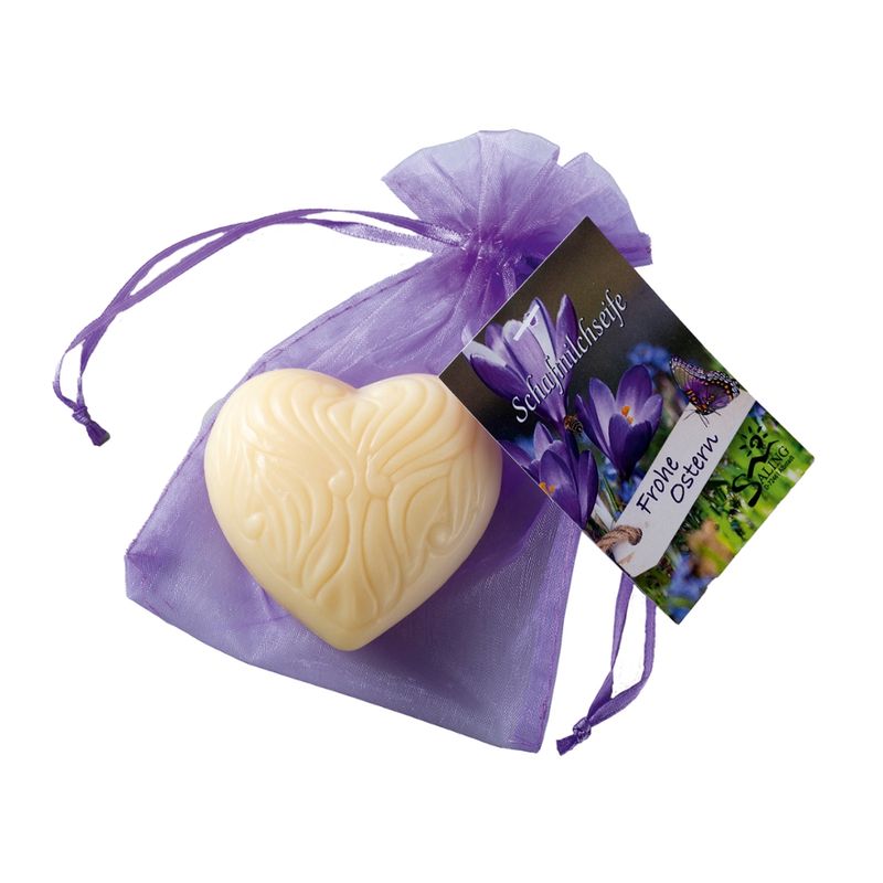 Saling Schafmilchseife "Frohe Ostern" Herz natur im Organzasäckchen , 65g , cosmos organic zertifiziert - Produktbild