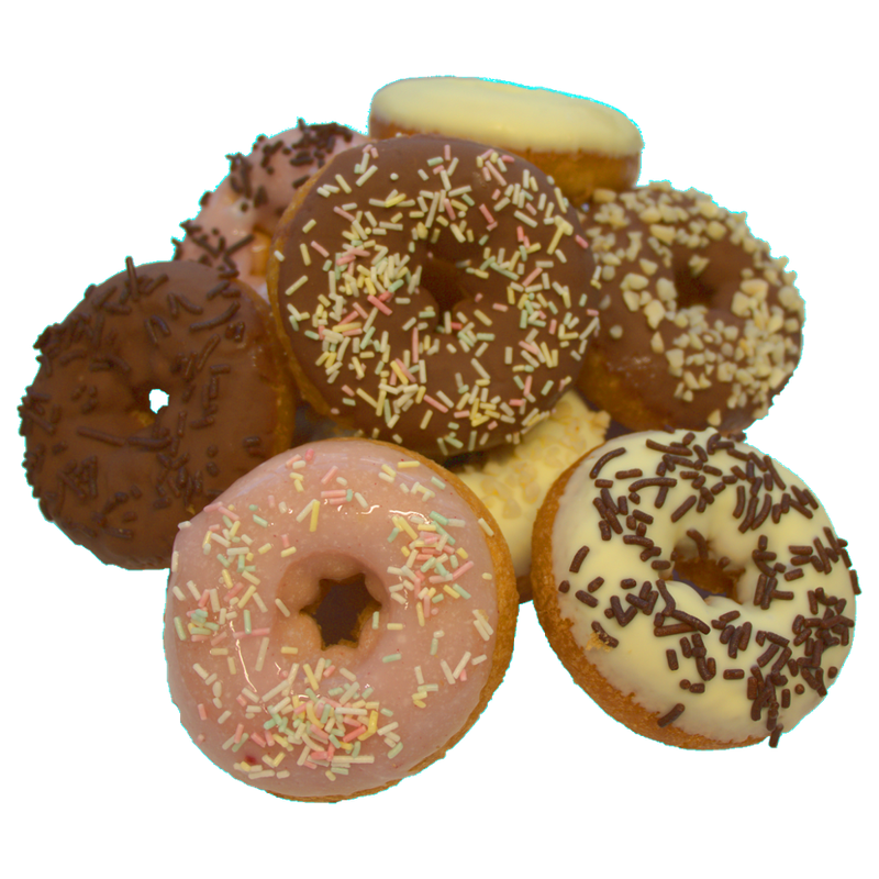 Star-Donuts Donut Mischung "HAPPY": 9 Stück R01130 Donut: Überzug: Milchschokolade, Dekor: Mandeln gehackt; 9 Stück R01300 Donut: Überzug: weiße Schokolade; 9 Stück R01510 Donut: Überzug: rosa Zuckerguss, Dekor: bunte Zuckerstreusel - Produktbild