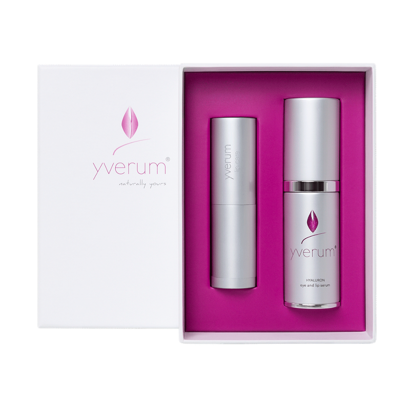 yverum naturally yours yverum Augen- und Lippenpflege-Set (1x yverum HYALURON eye and lip serum 15 ml und 1x yverum lip care cover silber (wiederbefüllbar) 4,8 g) - Produktbild