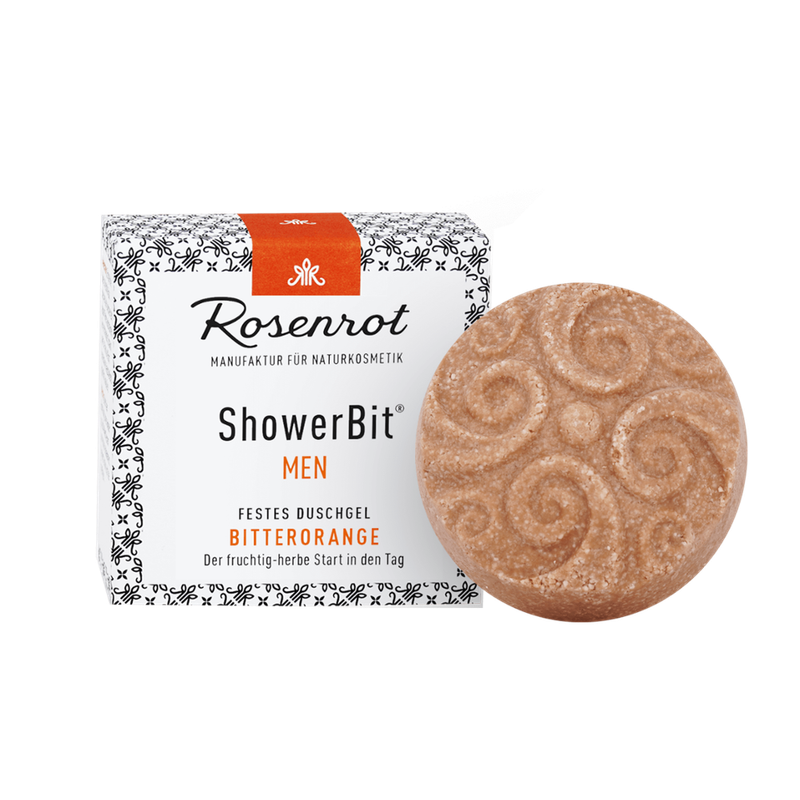 Rosenrot Naturkosmetik ShowerBit® - festes Duschgel MEN Bitterorange - 60g - in Schachtel - Mit sanft reinigender Porzellanerde, - Produktbild