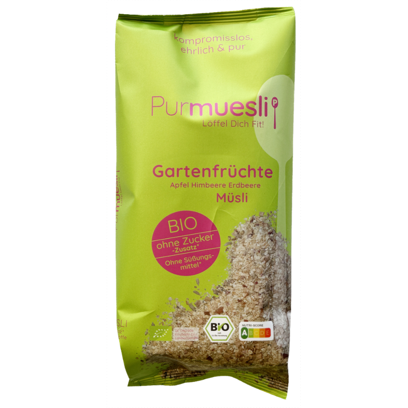 Purmuesli Bio Müsli Garten Früchte Apfel, Himbeere, Erdbeere - Produktbild
