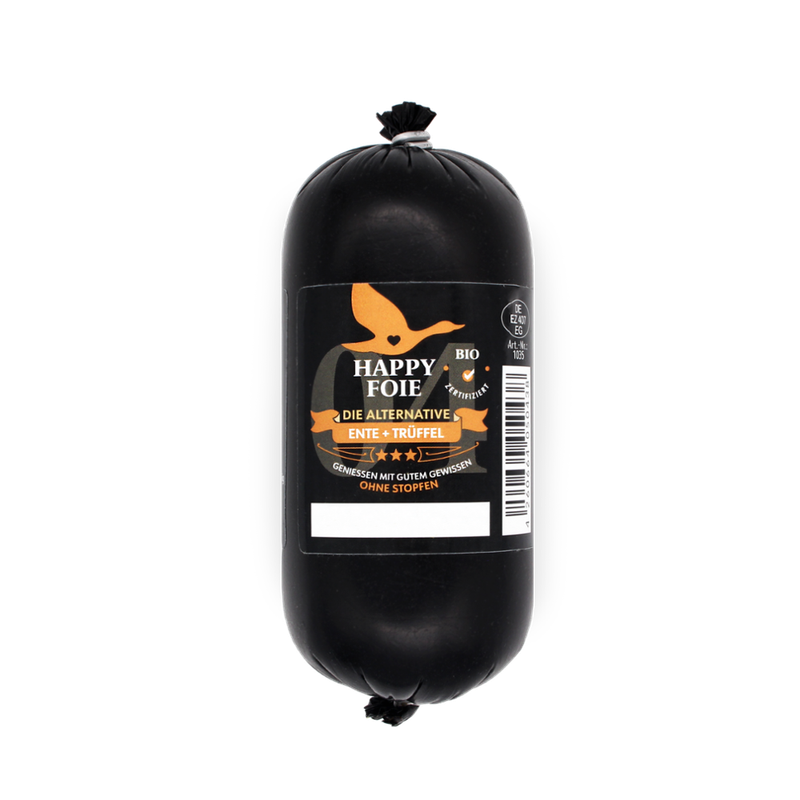 Happy Foie Happy Foie (250g Rolle) - Ente mit weißem italienischem Trüffel, bio ; Hergestellt mit der Leber von freilaufenden Tieren ist Happy Foie die bio-zertifizierte Alternative zu konventioneller Foie Gras. Ohne Stopfen und mit gutem Gewissen. - Produktbild