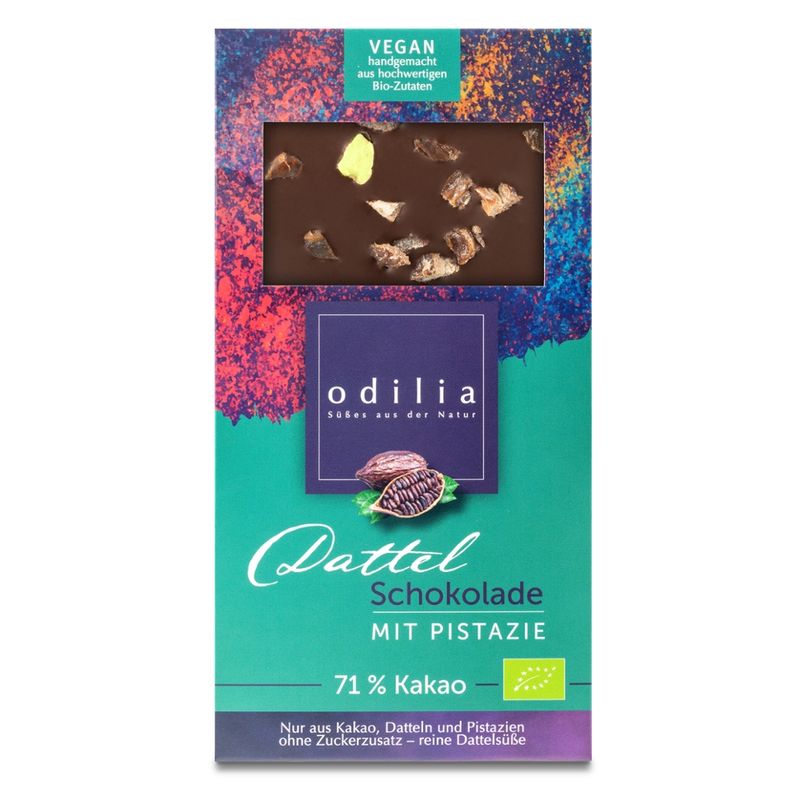 odilia Handgemach Dattel-Schokolade mit Pistazie , 71% Kakao, Glutenfrei, Laktosefrei - Produktbild