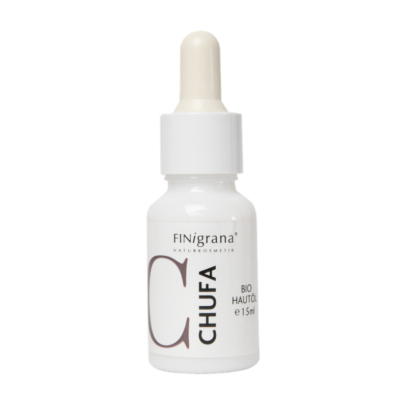 FINigrana® Naturkosmetik FINigrana® Bio Chufa/Erdmandel-Haut-Öl, kaltgepresst, 15ml abgefüllt in Opalglasfläschchen mit gläserner Tropfpipette zur leichten Dosierung, in Licht & Transport Schutz Kartonröhre - Produktbild