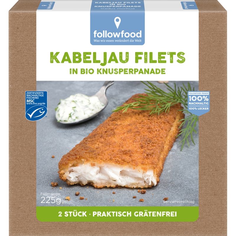 followfood Kabeljau Filets in Bio-Knusperpanade, Kabeljau in Bio-Knusperpanade, praktisch grätenfrei, aus Blöcken geschnitten, tiefgekühlt. - Produktbild