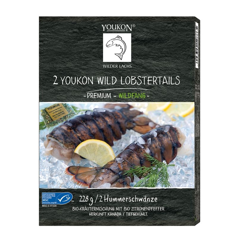 Youkon Wilder Lachs  YOUKON Wild-Lobstertails (Homarus americanus), 228 g/2 Hummerschwänze mit beigelegter Bio-Kräutermischung mit Zitronenpfeffer Bio-Kräutermischung und Meersalz MSC zertifiziert - Produktbild