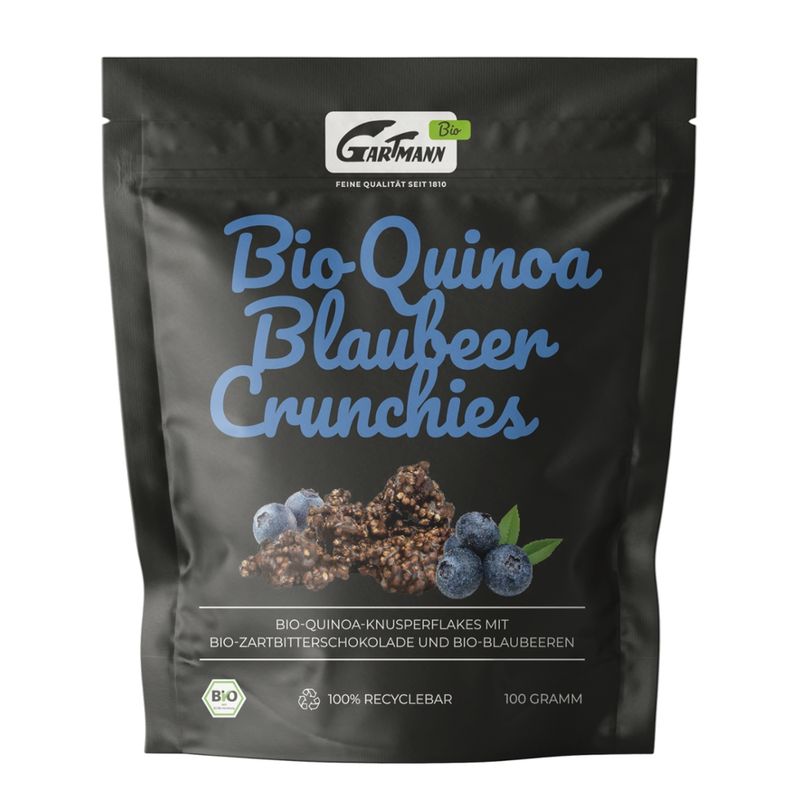 Gartmann Wer es gern schokoladig und fruchtig mag, für den sind unsere Bio Quinoa Blaubeer Crunchies genau das Richtige. Fruchtige Blaubeere umhüllt mit zart schmelzender Schkolade und knackigem Quinoa Crunch - einfach die perfekte Kombination. - Produktbild