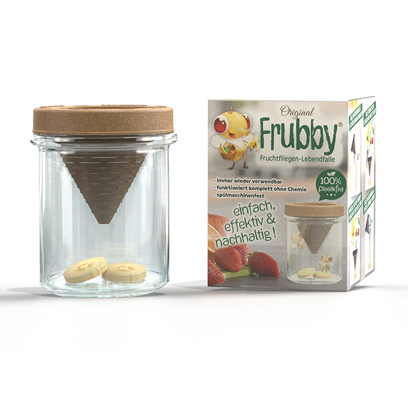 Frubby Frubby® - die erste 100% nachhaltig produzierte Fruchtfliegen-Lebendfalle. Fruchtfliegen zuverlässig fangen, ohne chemische Lockmittel. Ein Stück reifes Obst reicht! 100% plastikfrei. Spülmaschinenfest. Immer wieder verwendbar. Einfach fangen & freilassen - Produktbild