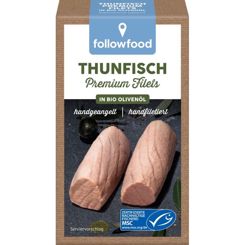 followfood MSC Thunfisch Premium Filets in Bio Olivenöl, hangeangelt, handfiletiert - Produktbild