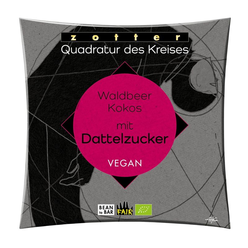 Zotter Schokolade Quadratur des Kreises - Waldbeer Kokos mit Dattelzucker VEGAN - Produktbild