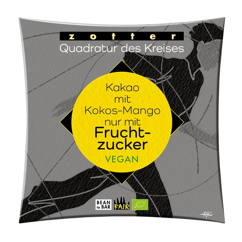 Zotter Schokolade Quadratur des Kreises - Kakaotafel Kokos-Mango nur mit Fruchtzucker VEGAN - Produktbild