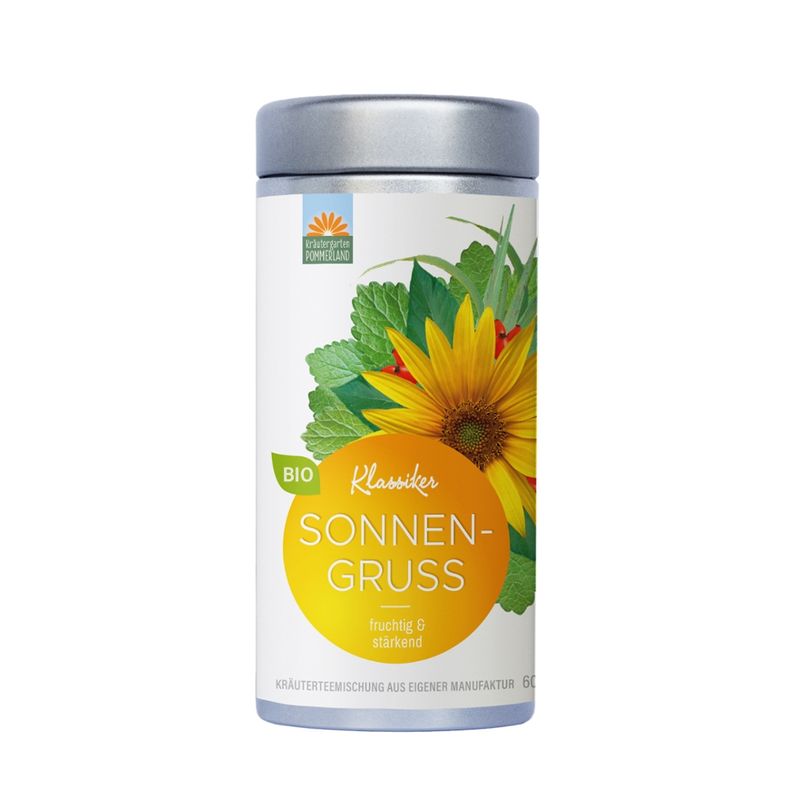 Kräutergarten Pommerland Sonnengruß, fruchtige Bio-Kräuterteemischung in der Vorratsdose - Produktbild
