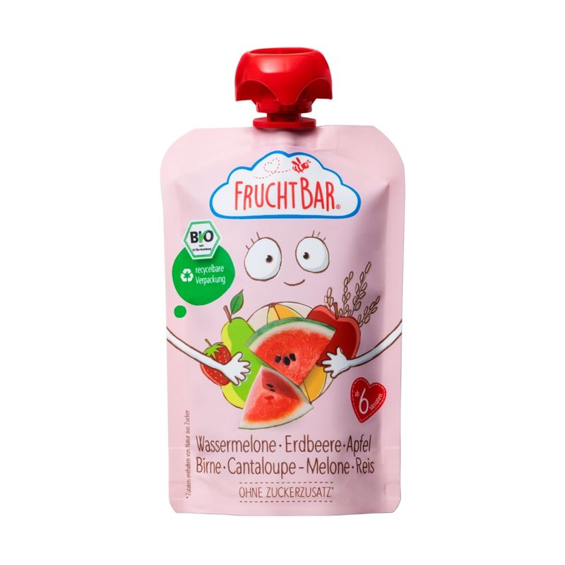 FruchtBar  FruchtBar - Bio-Fruchtpüree Wassermelone, Erdbeere, Apfel, Birne, Cantaloupe-Melone, Reis - Produktbild