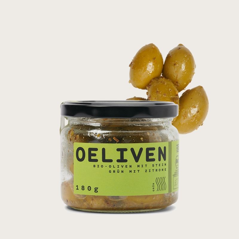 OEL  OELIVEN Bio Oliven mit Stein, Grün mit Zitrone und Oregano, 180 g - Produktbild