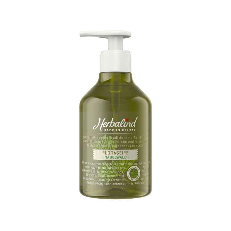 Herbalind Floraseife Nadelwald Intensives Dufterlebnis nach dichten Nadelwäldern und grünen Tannenzapfen.KIRSCHZELLWASSER: Upcyclingprodukt: wertvolles Kirschzellwasser, unter hohen kosmetischen Standards aufbereitet. - Produktbild